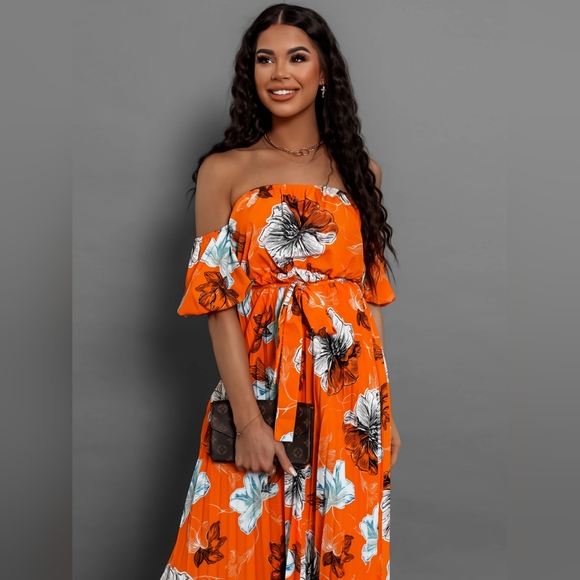 Pleated Floral Off-Shoulder Short Sleeve Midi Dress - Picture 2 of 5